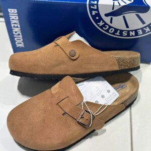 Birkenstock Boston Tan Suede Leather Soft Footbed Clog Slip On Sandals